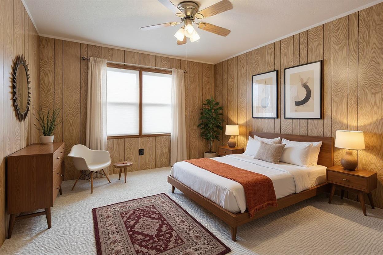 Wood-paneled bedroom after staging