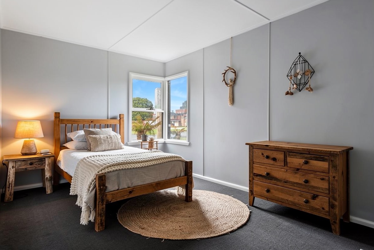 Bay window bedroom after staging
